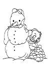Donald Duck hiding behind a large snowman with a large stock of snowballs side